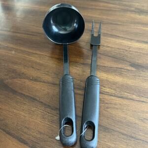 Black Plastic And Metal Ladle And Serving Fork Set